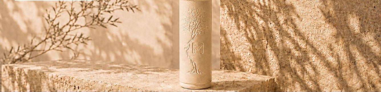 Gravierte Keramikflasche von MADE mates Food auf Steinsockel